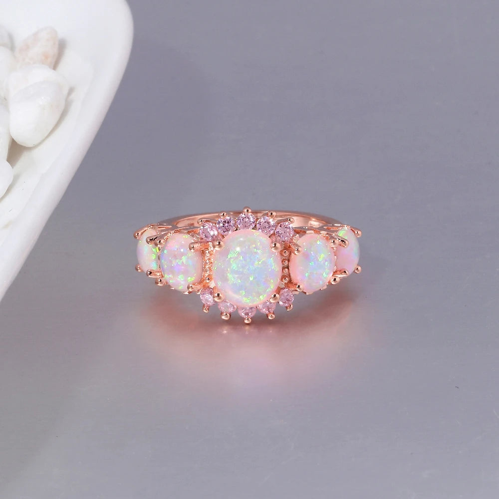 CiNily Fire Opal Ring Silver Plated Oval Round Stone