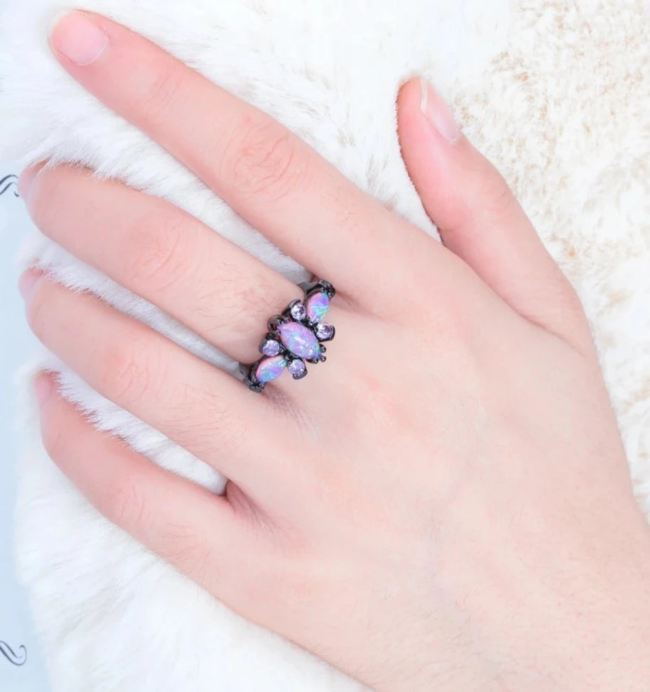 Opal Stone Black Gold Color Rings Purple Violet Zircon Crystal