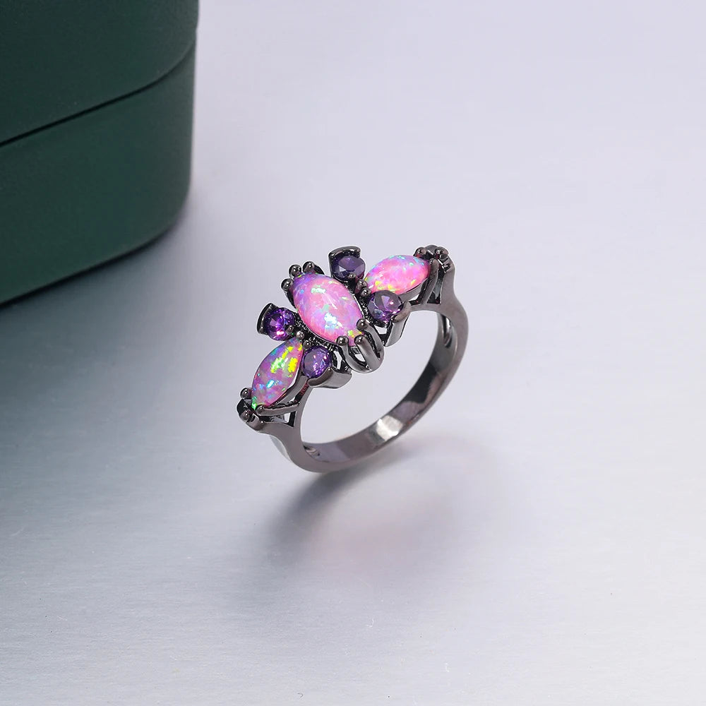 Opal Stone Black Gold Color Rings Purple Violet Zircon Crystal