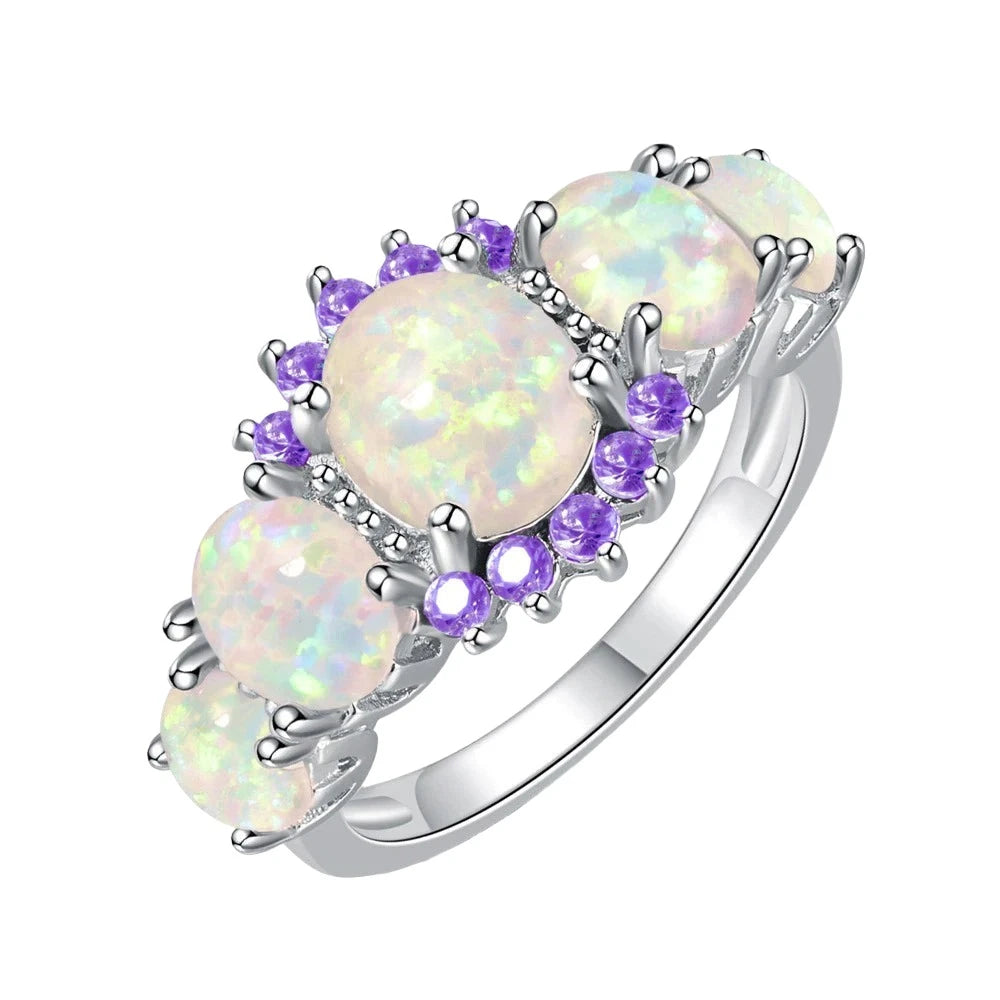 CiNily Fire Opal Ring Silver Plated Oval Round Stone